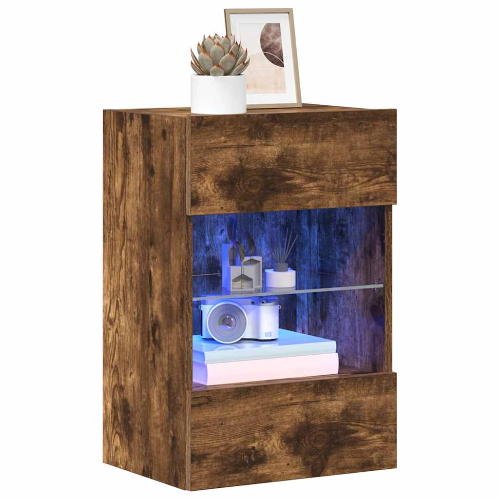 væghængte skabe til TV 2 stk. med LED-lys 40x30x60,5 cm røget eg