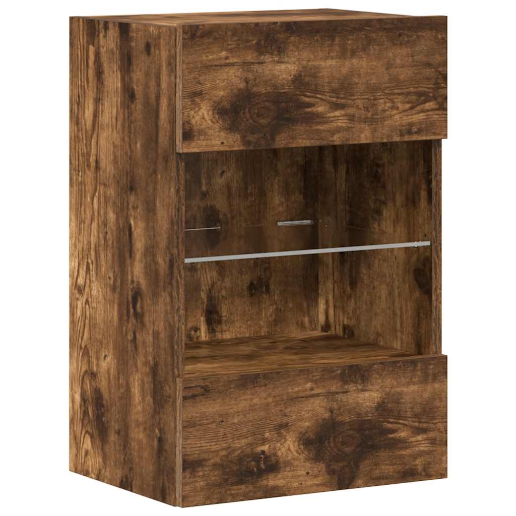 væghængte skabe til TV 2 stk. med LED-lys 40x30x60,5 cm røget eg