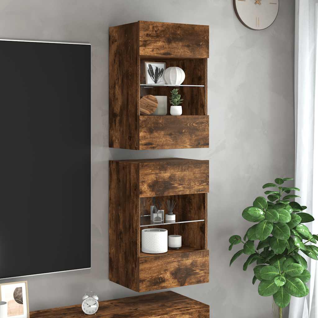 væghængte skabe til TV 2 stk. med LED-lys 40x30x60,5 cm røget eg
