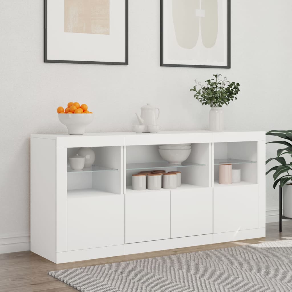skænk med LED-lys 142,5x37x67 cm hvid