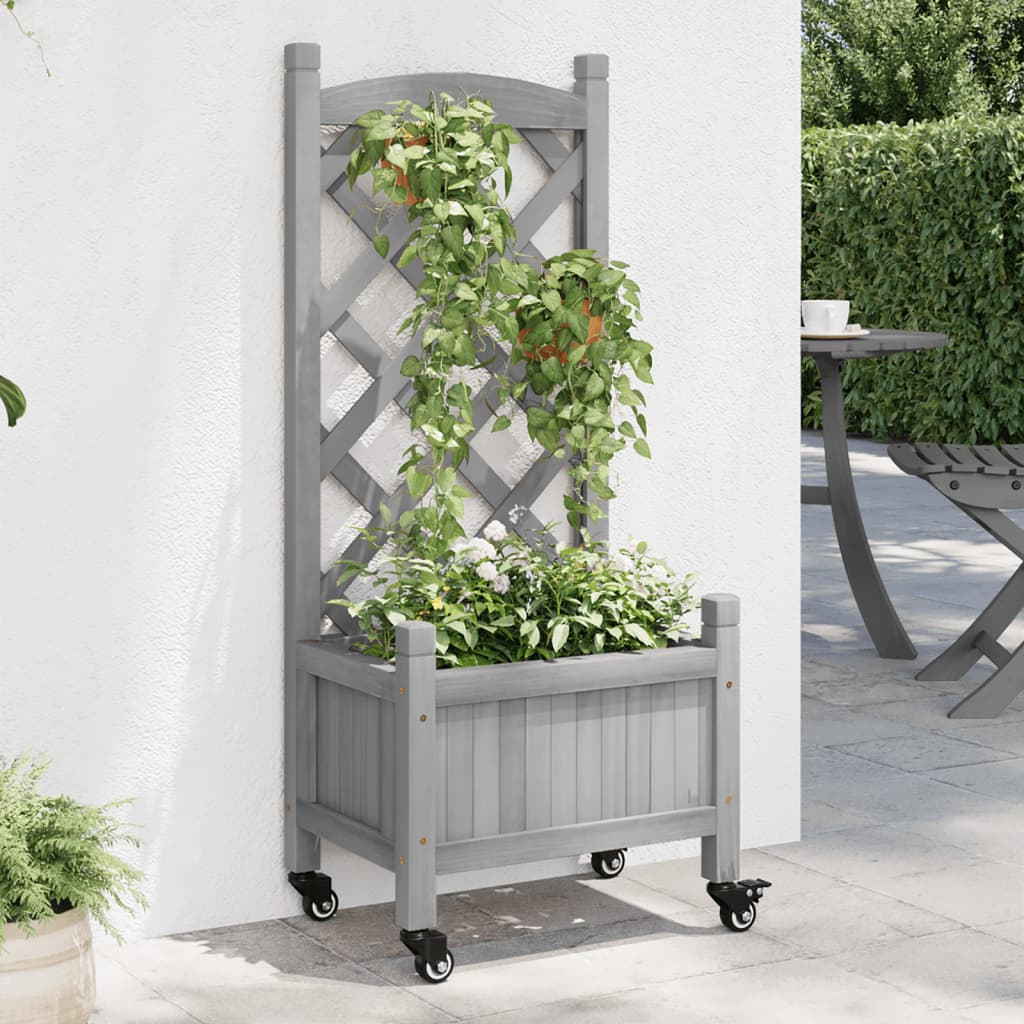 plantekasse med espalier og hjul massivt fyrretræ grå