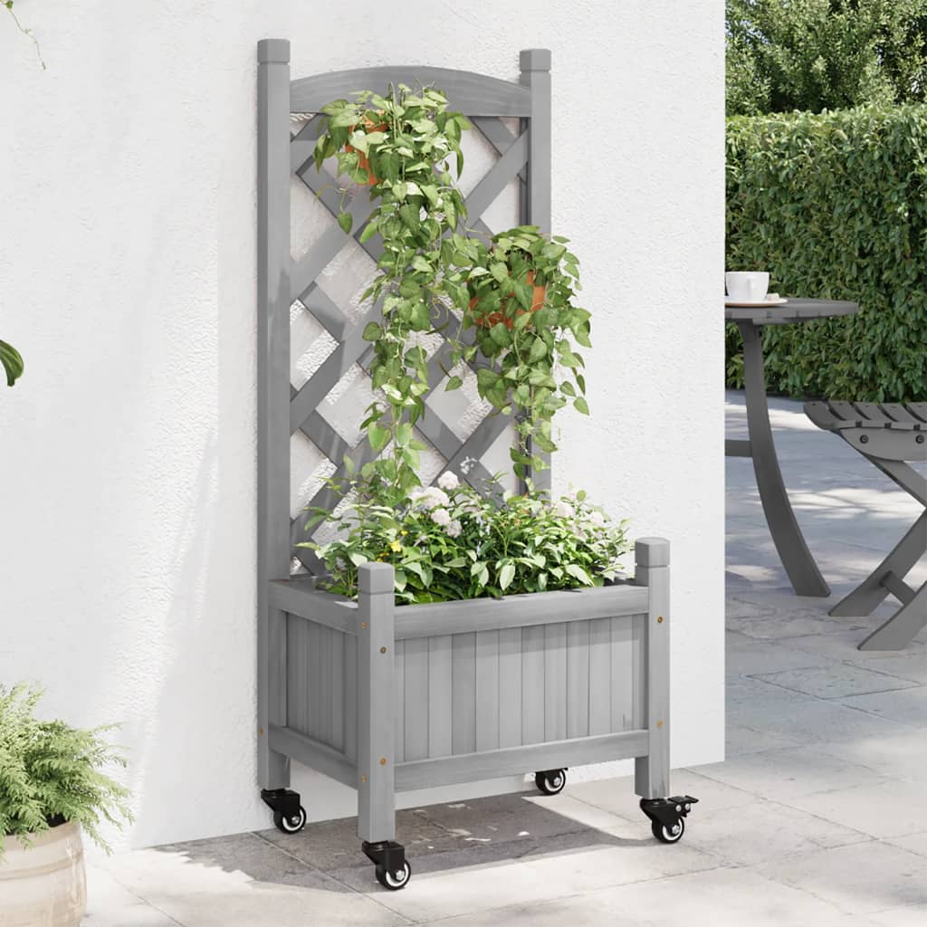 plantekasse med espalier og hjul massivt fyrretræ grå