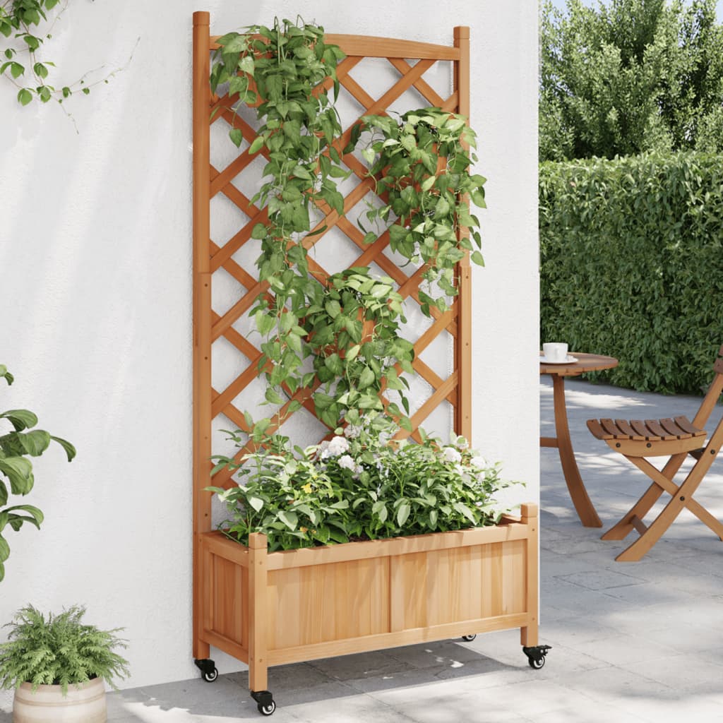 plantekasse med espalier og hjul massivt fyrretræ brun