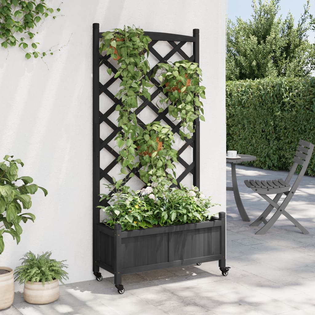 plantekasse med espalier og hjul massivt fyrretræ sort