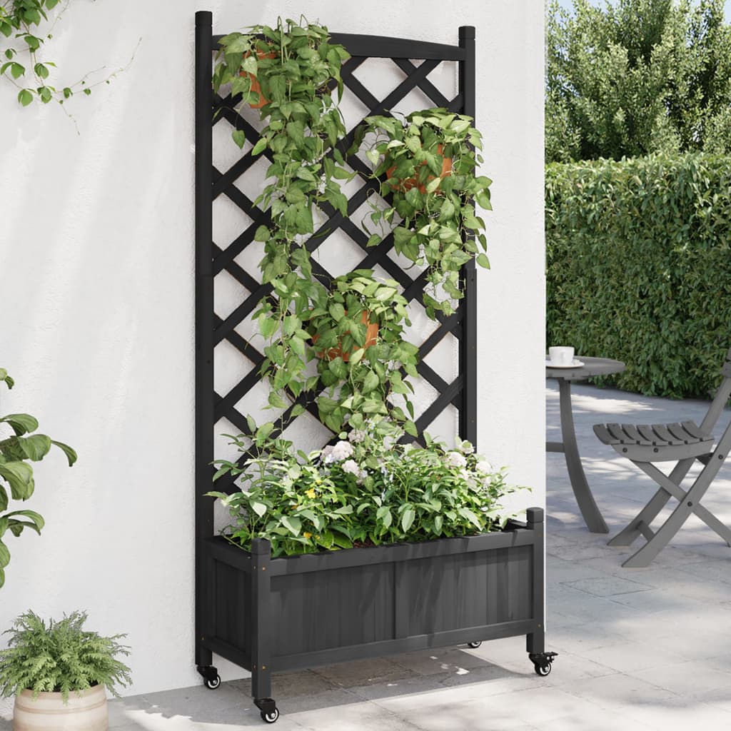 plantekasse med espalier og hjul massivt fyrretræ sort