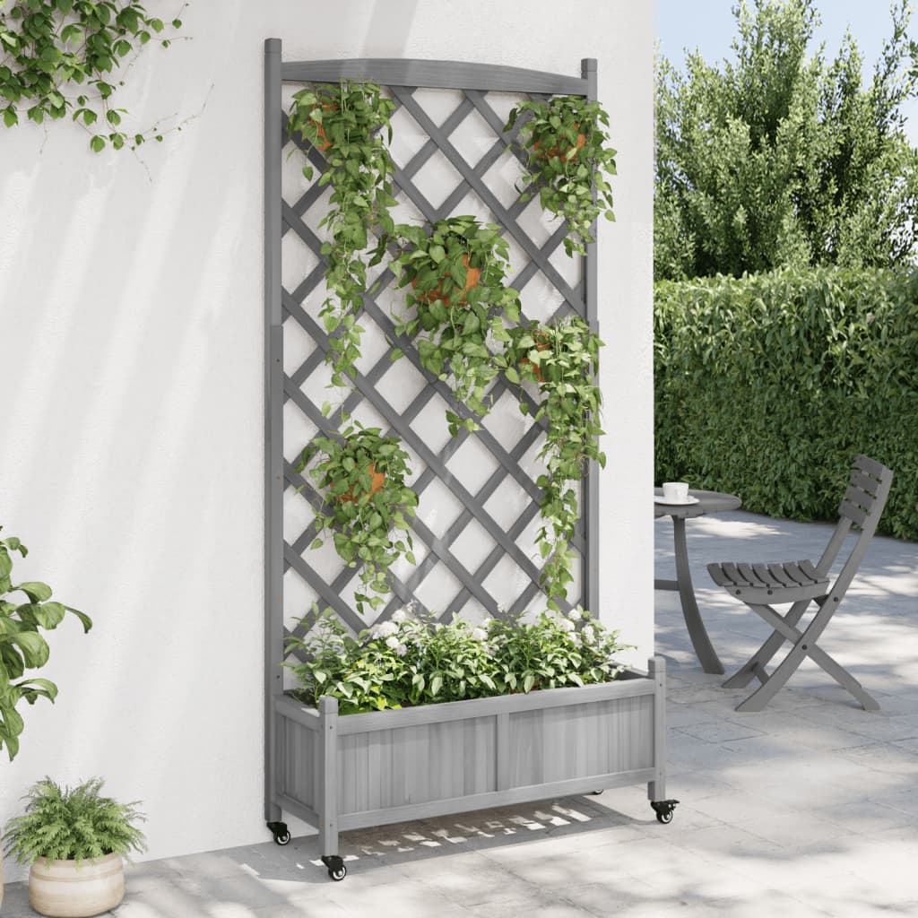 plantekasse med espalier og hjul massivt fyrretræ grå