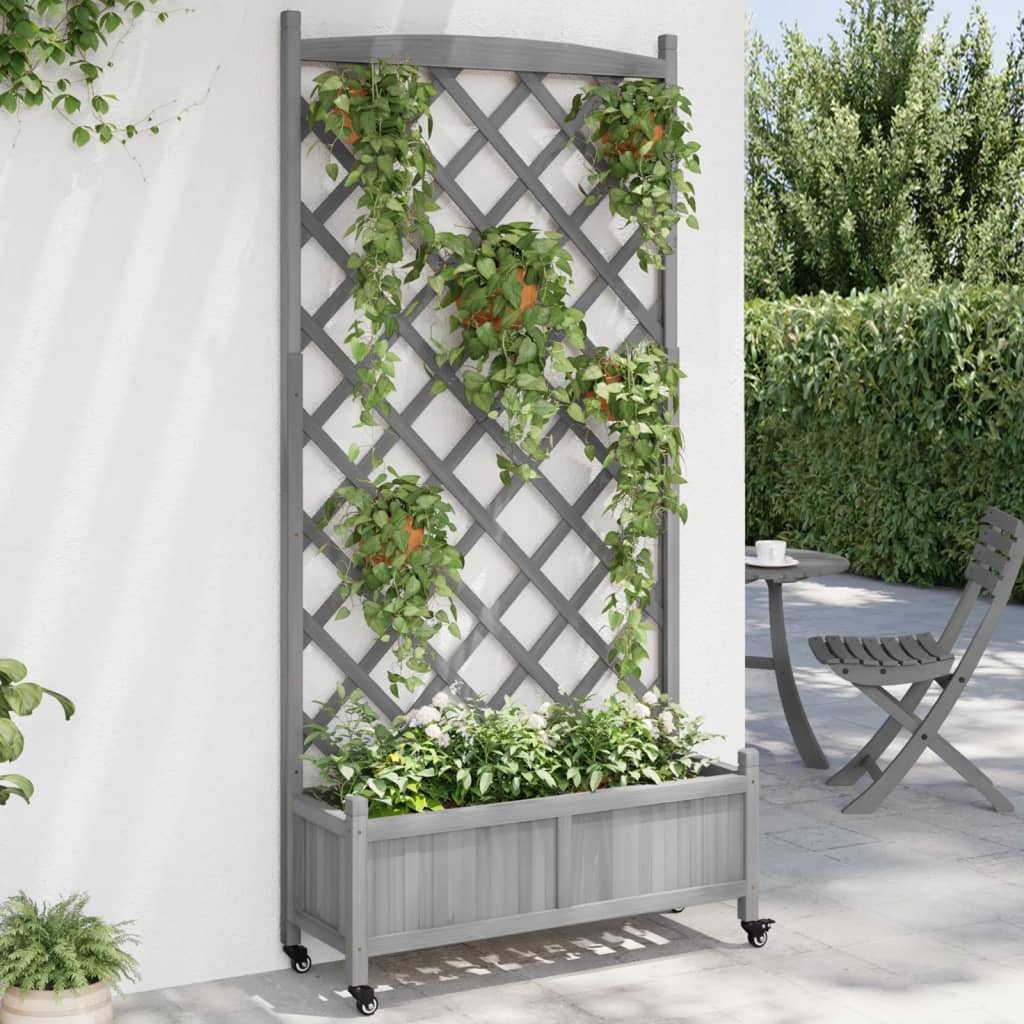 plantekasse med espalier og hjul massivt fyrretræ grå