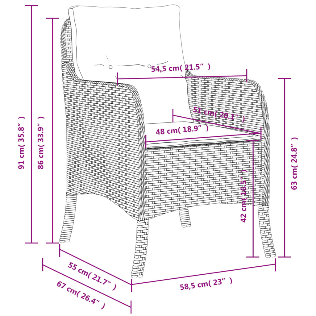 havestole med hynder 2 stk. polyrattan grå