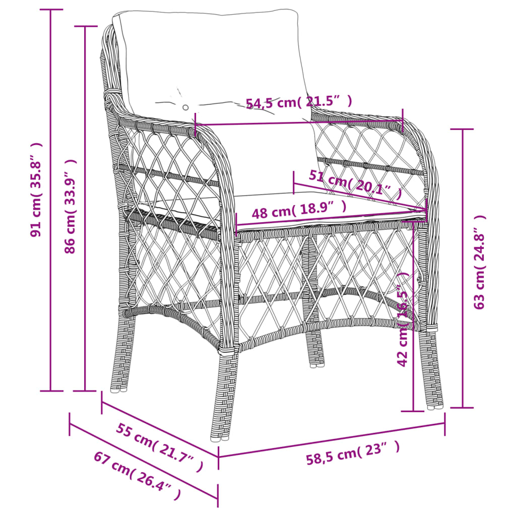 havestole med hynder 2 stk. polyrattan grå