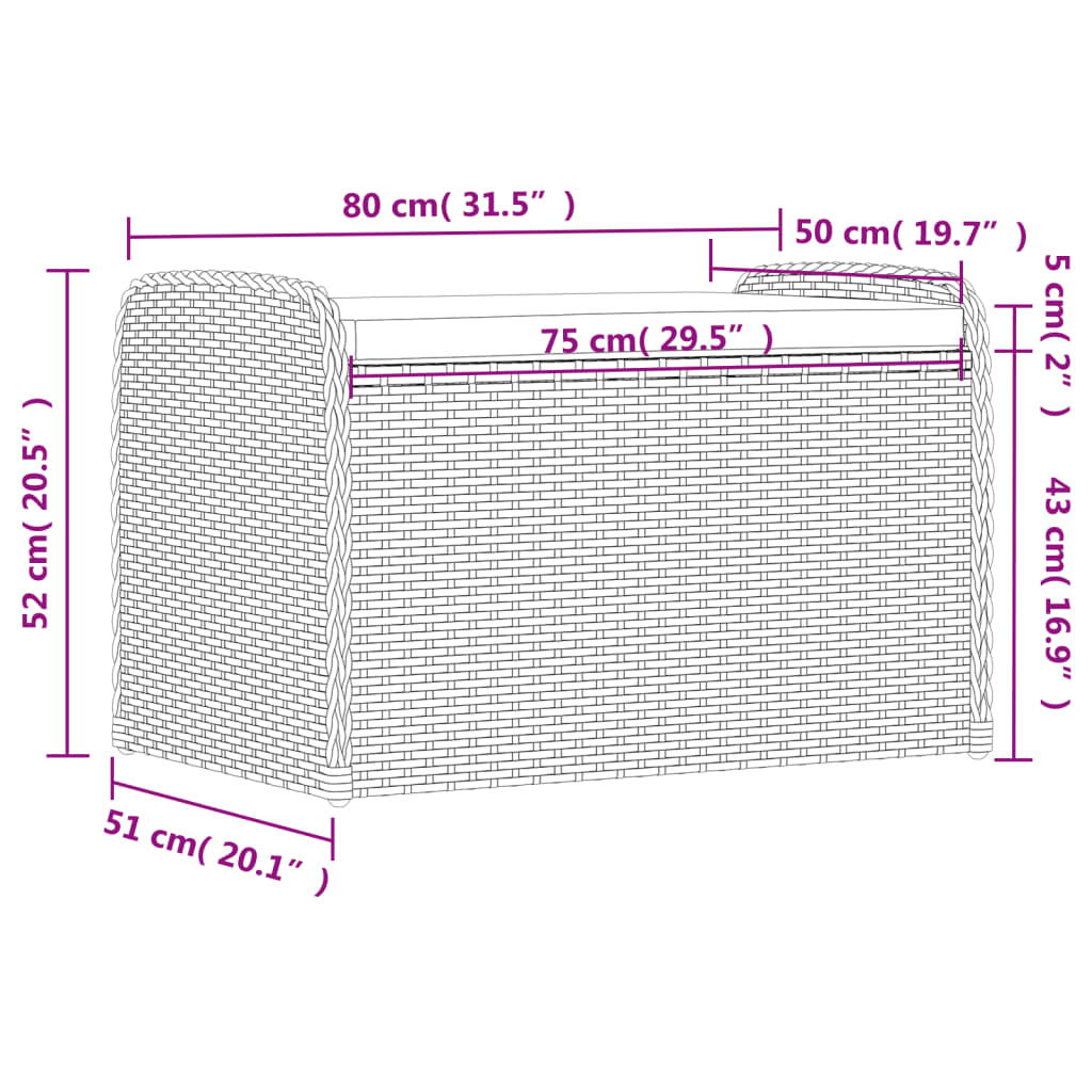 opbevaringsbænk med hynde 80x51x52 cm polyrattan brun