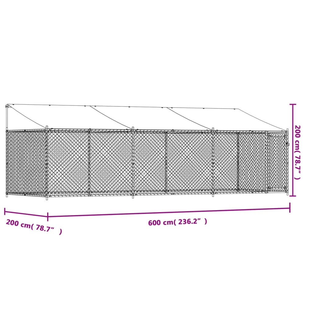 hundegård med tag og låge 6x2x2 m galvaniseret stål grå