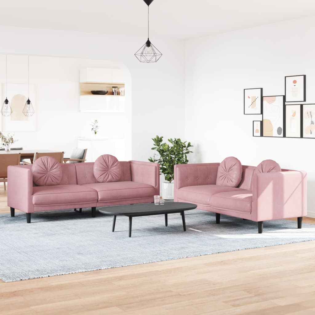 sofasæt 2 dele med puder velour lyserød