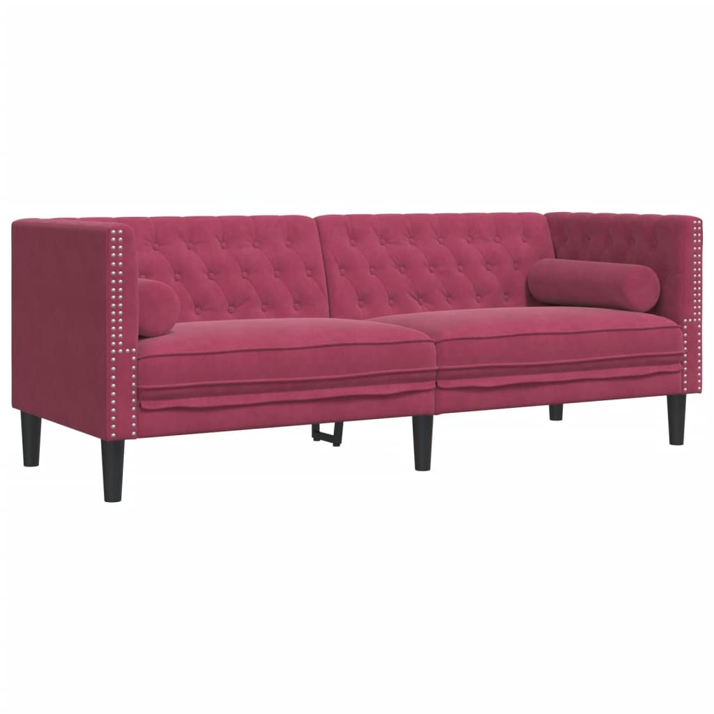 2-personers Chesterfield-sofasæt med puder fløjl vinrød