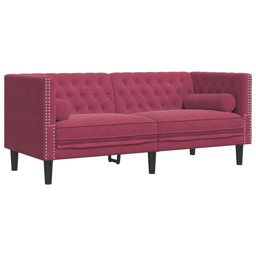 2-personers Chesterfield-sofasæt med puder fløjl vinrød