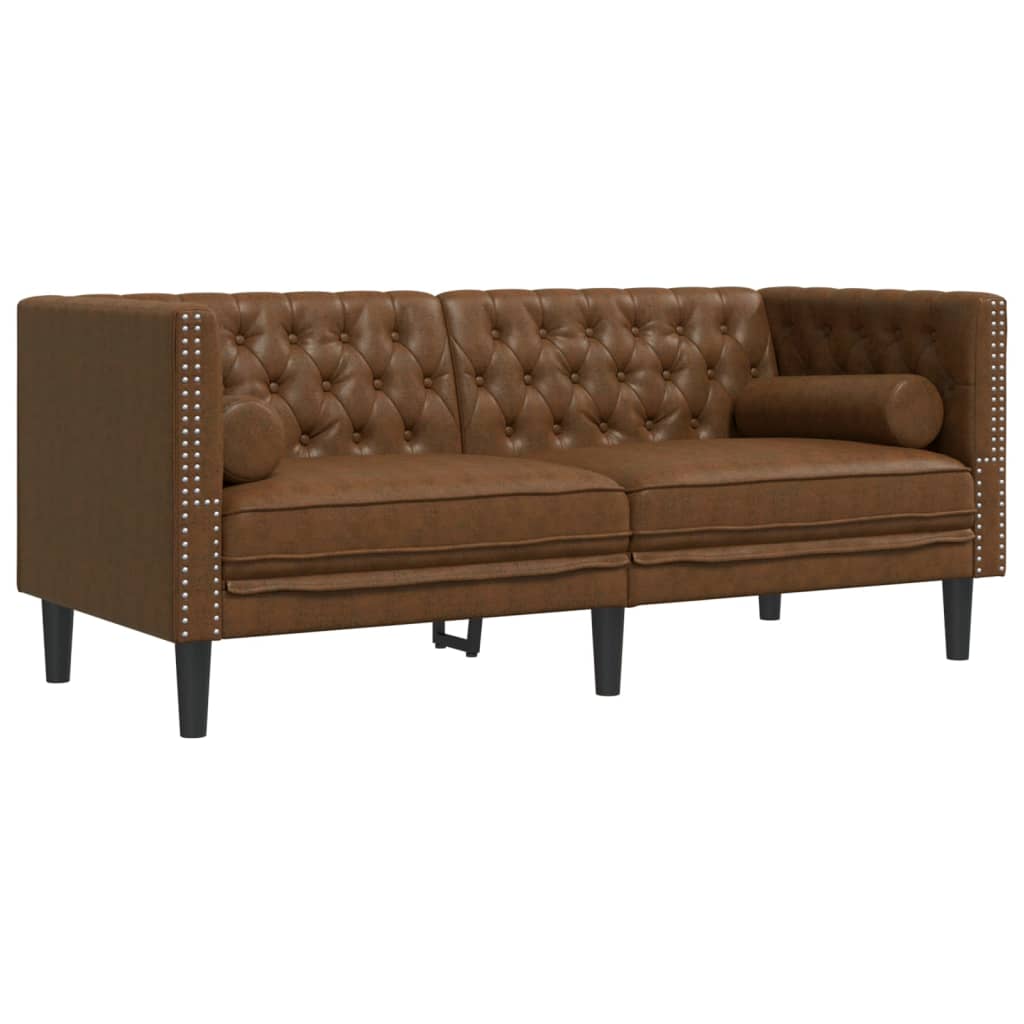2-personers Chesterfield-sofasæt m. puder imiteret ruskind brun