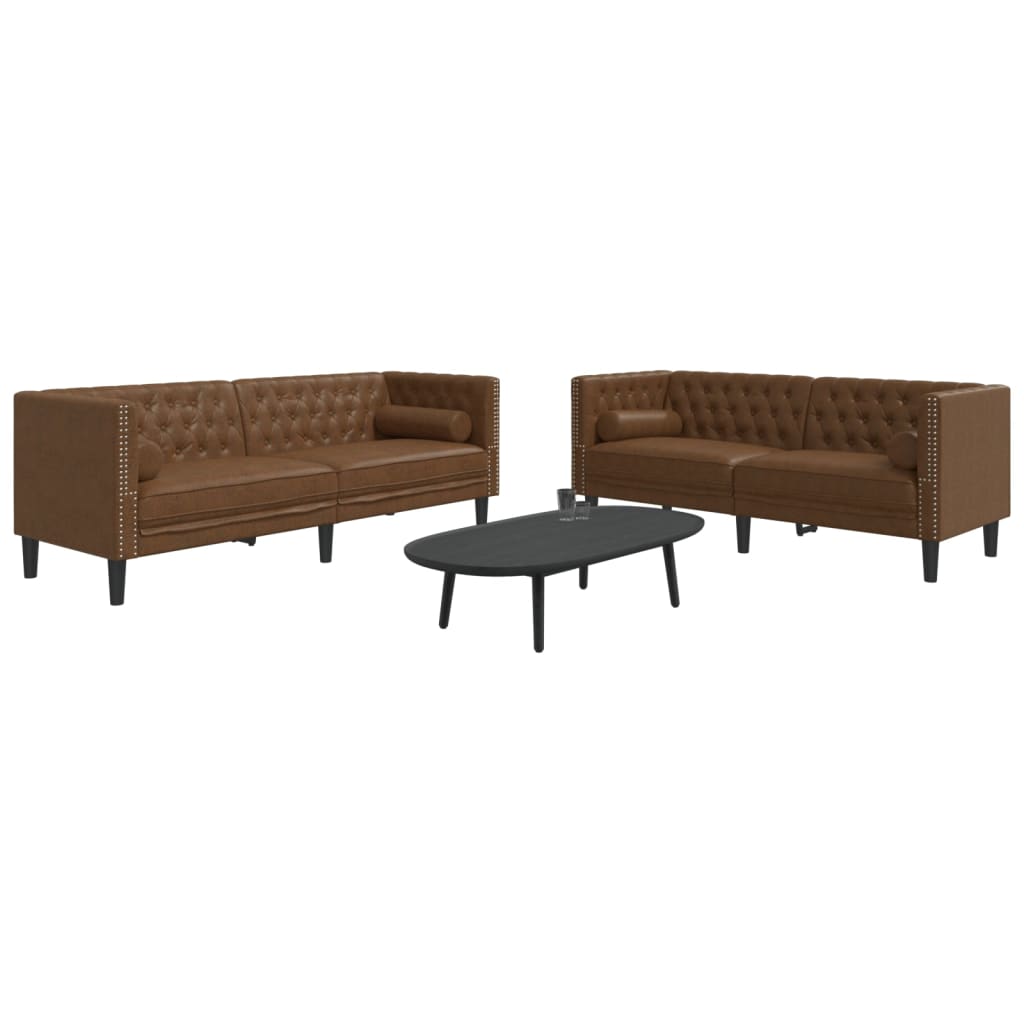 2-personers Chesterfield-sofasæt m. puder imiteret ruskind brun