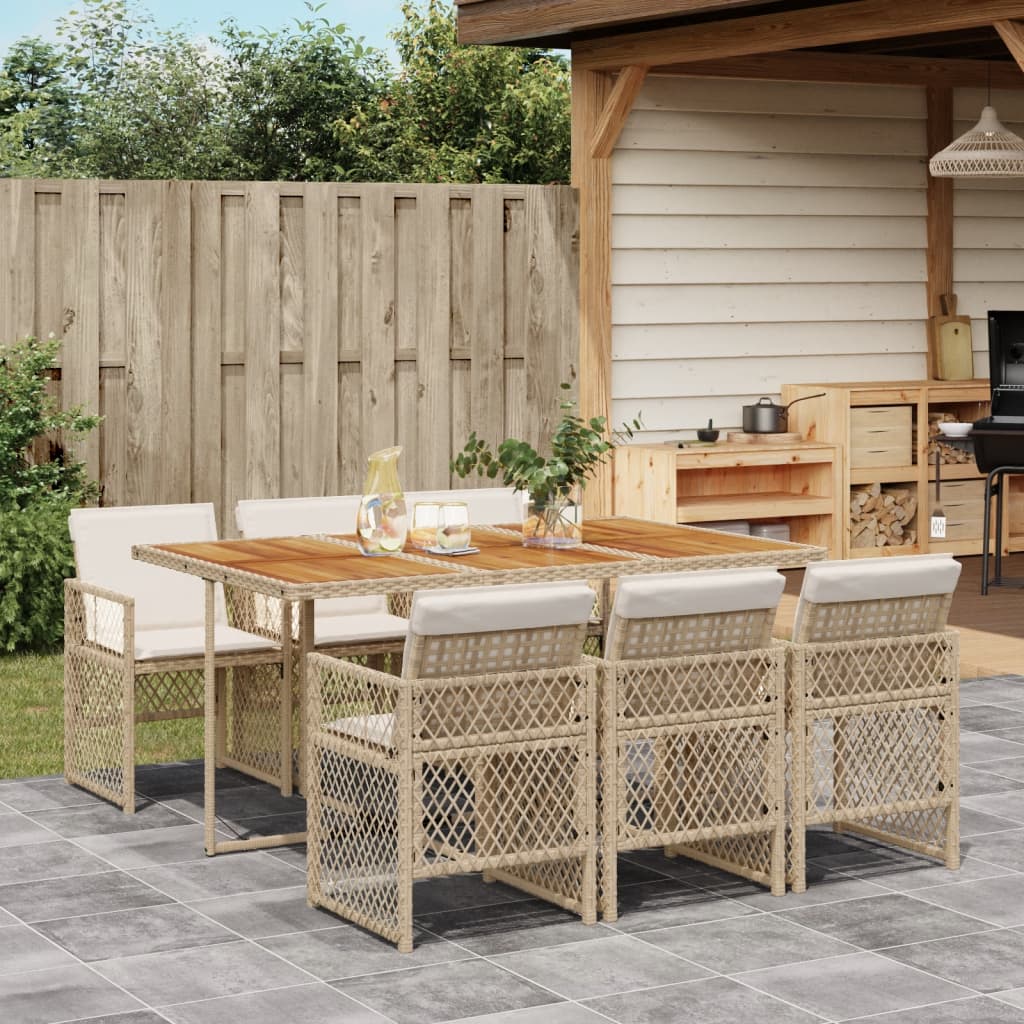 spisebordssæt til haven 7 dele med hynder polyrattan beige