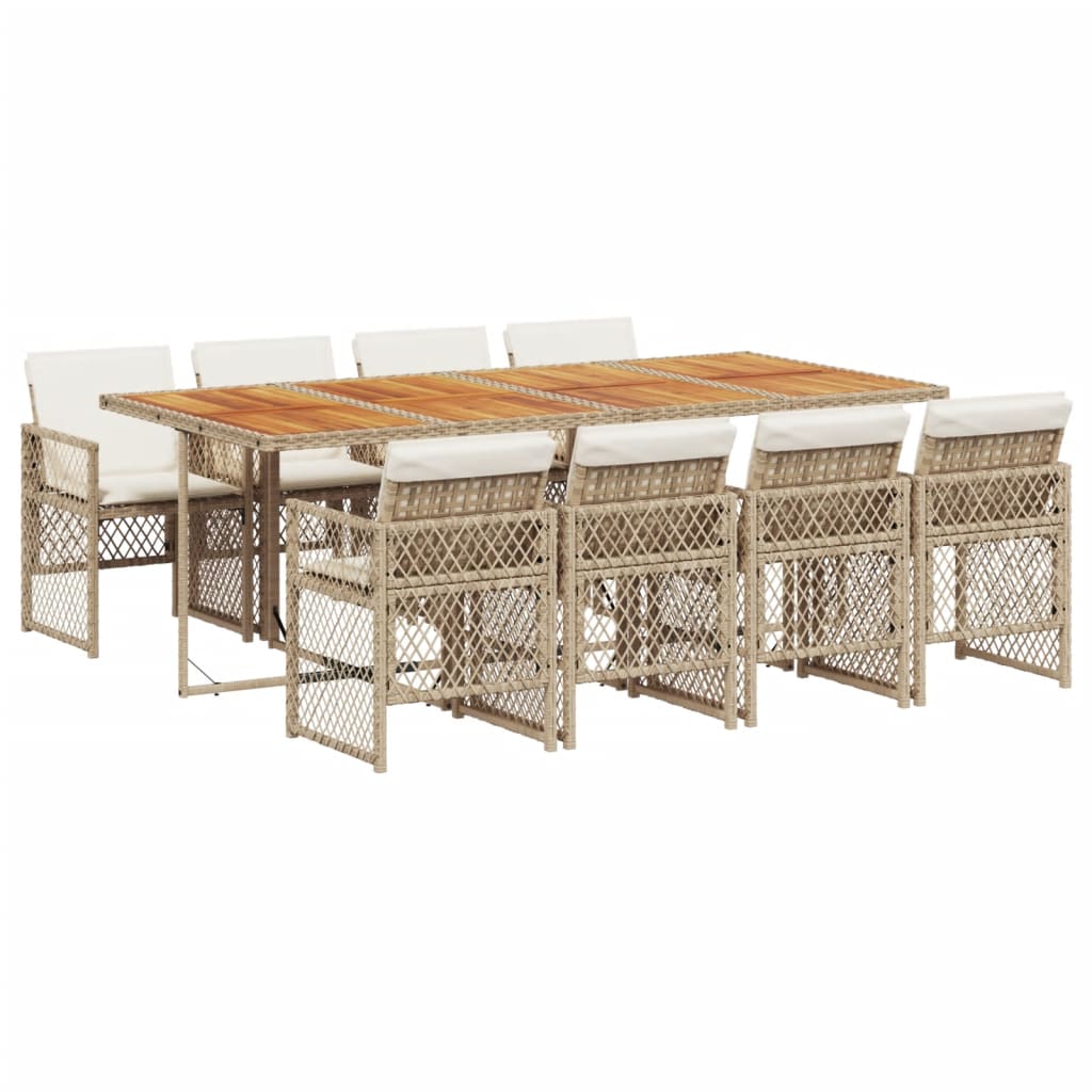 spisebordssæt til haven 9 dele med hynder polyrattan beige