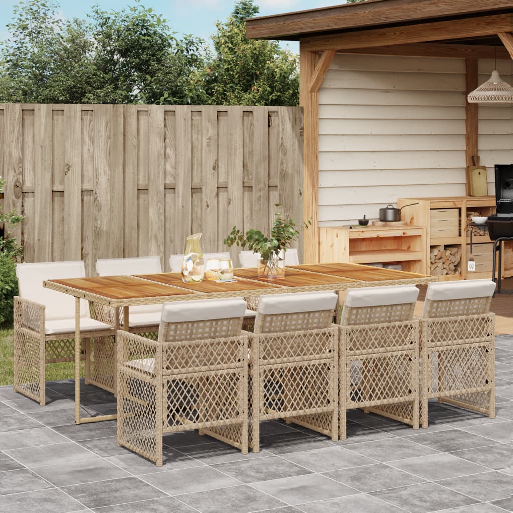 spisebordssæt til haven 9 dele med hynder polyrattan beige