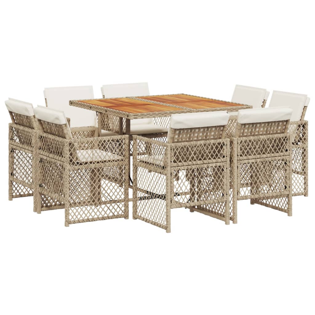 spisebordssæt til haven 9 dele med hynder polyrattan beige