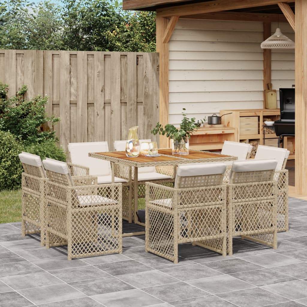 spisebordssæt til haven 9 dele med hynder polyrattan beige