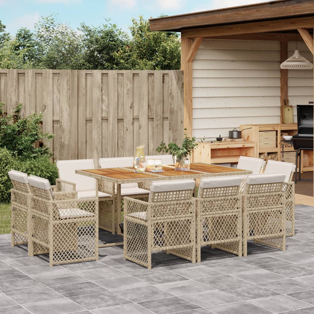 spisebordssæt til haven 11 dele med hynder polyrattan beige