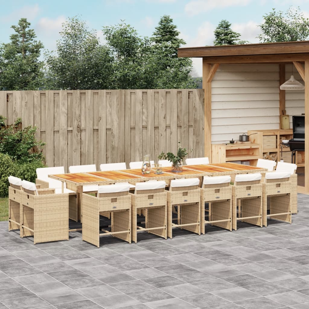 spisebordssæt til haven 17 dele med hynder polyrattan beige
