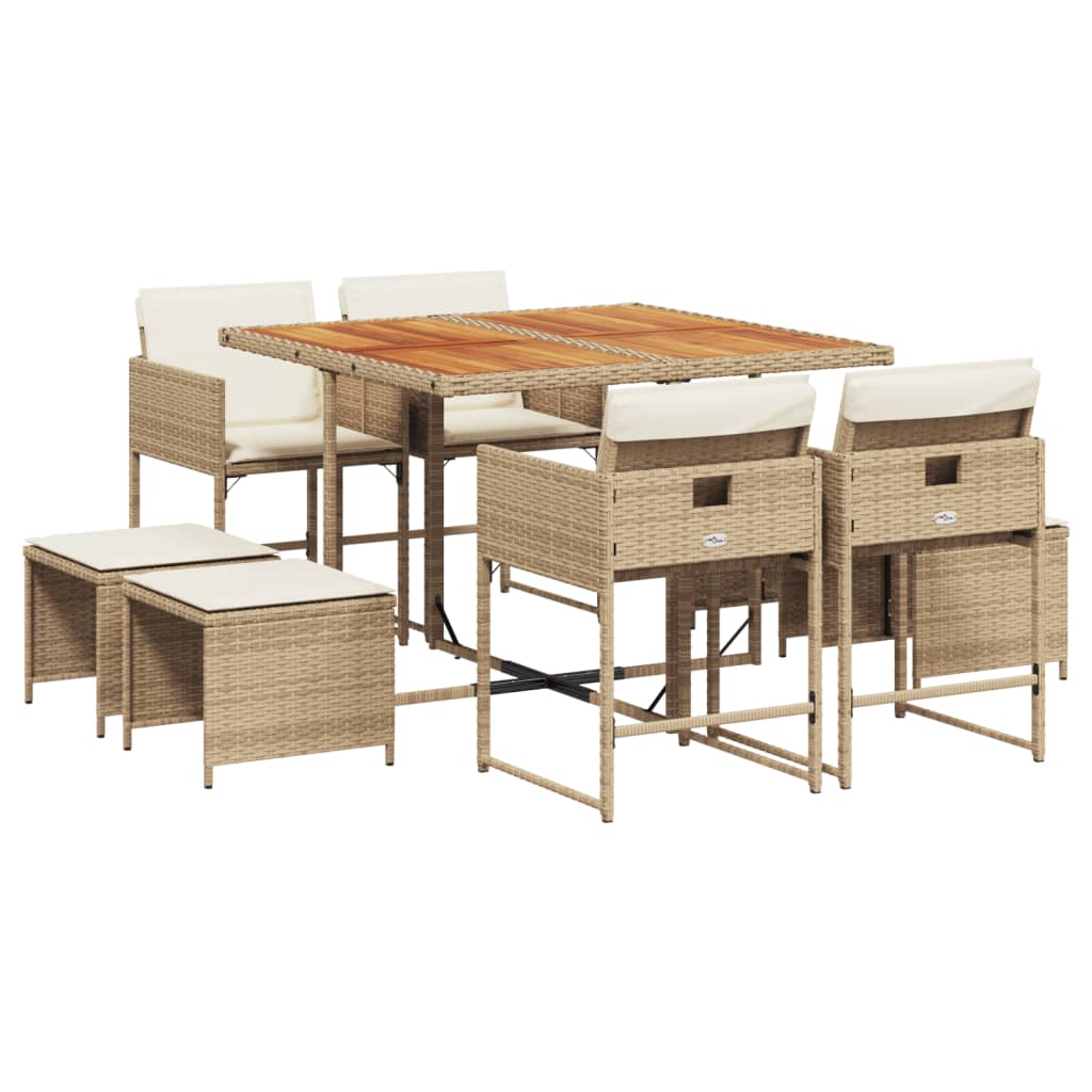 spisebordssæt til haven 9 dele med hynder polyrattan beige