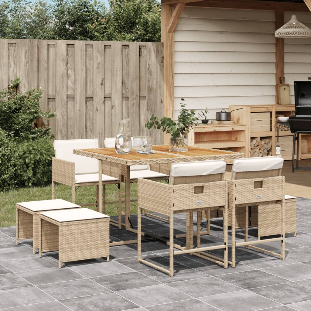 spisebordssæt til haven 9 dele med hynder polyrattan beige