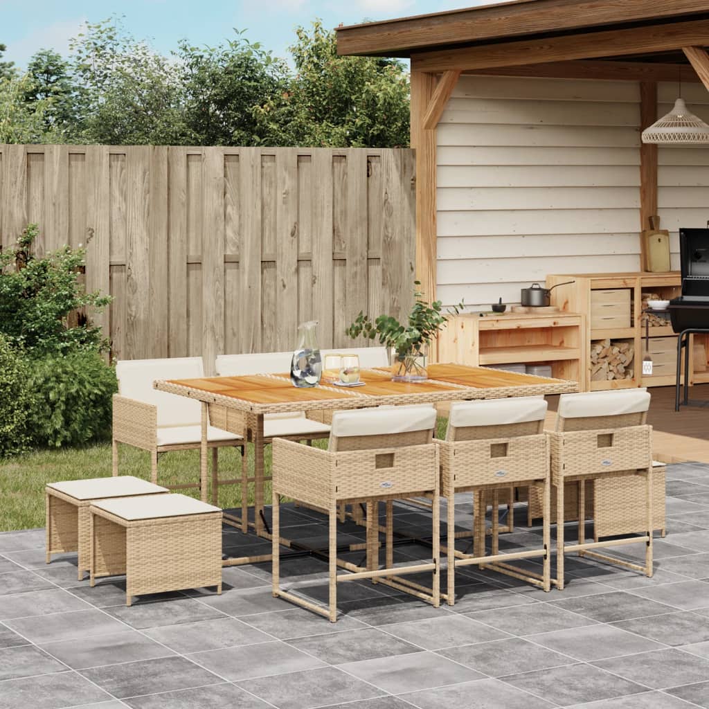 spisebordssæt til haven 11 dele med hynder polyrattan beige
