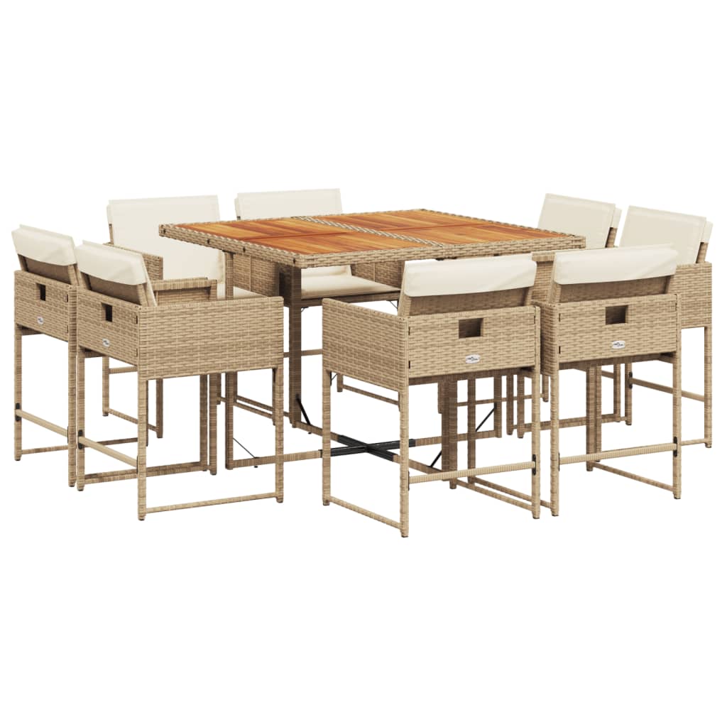 spisebordssæt til haven 9 dele med hynder polyrattan beige