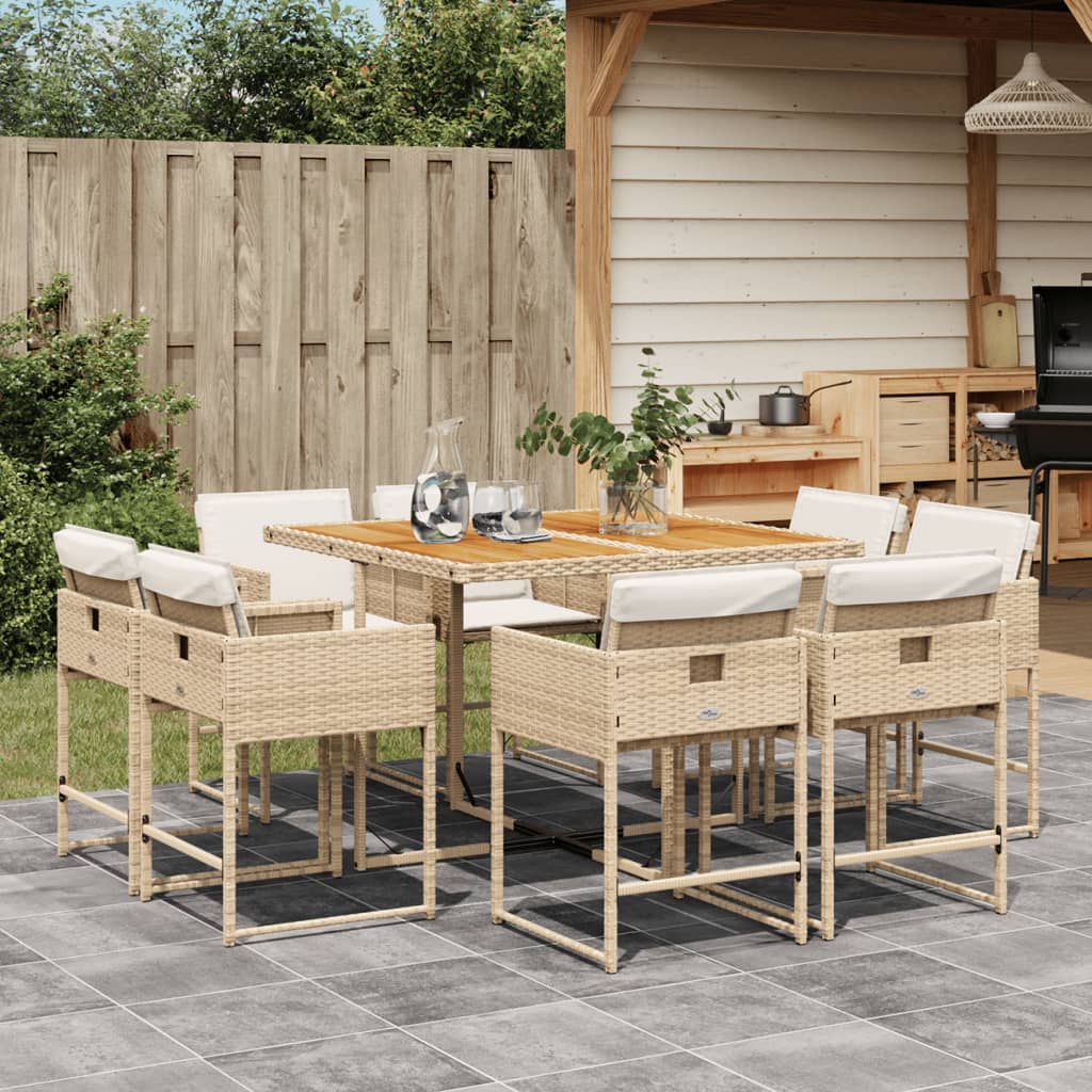 spisebordssæt til haven 9 dele med hynder polyrattan beige