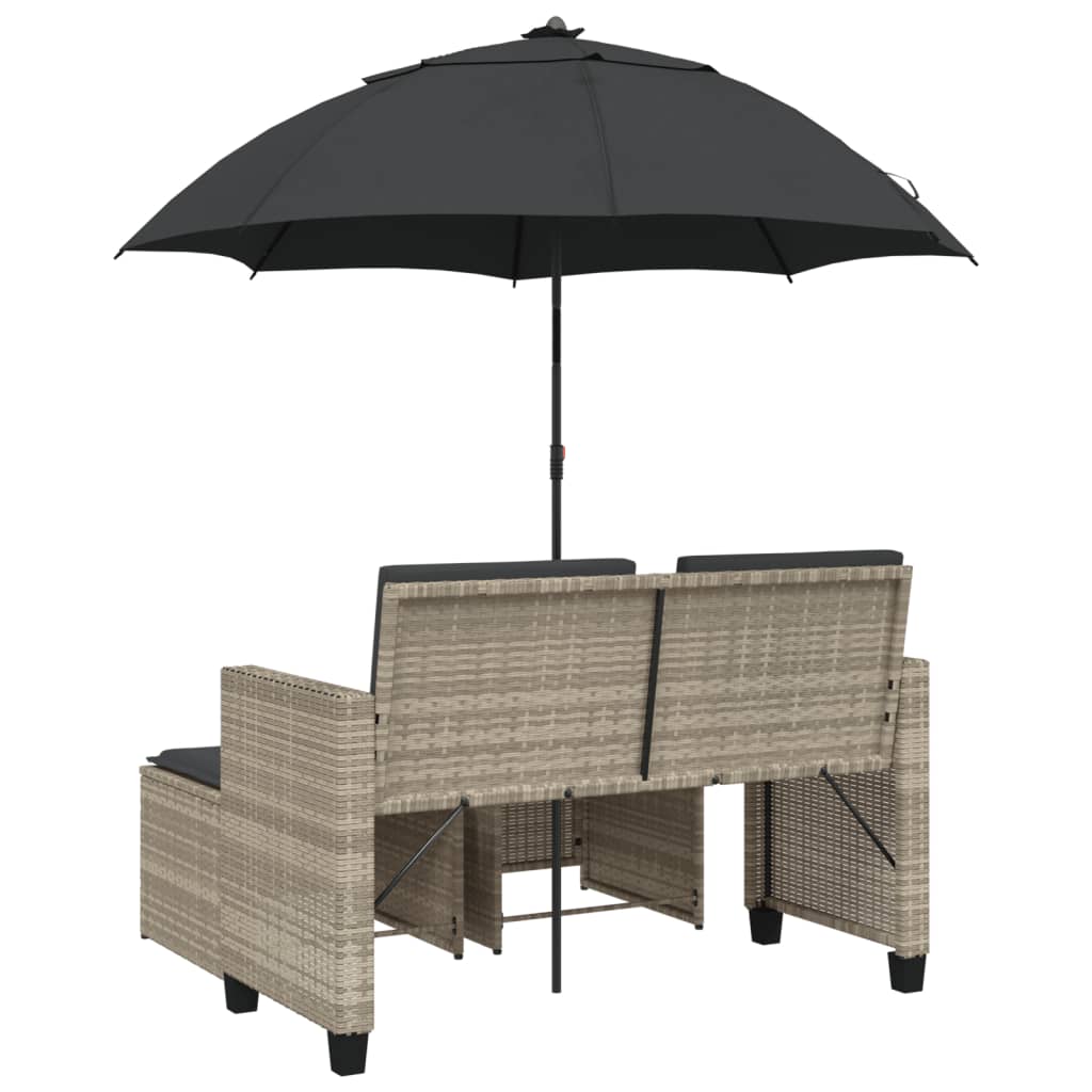 2-personers havesofa med parasol og skamler polyrattan lysegrå