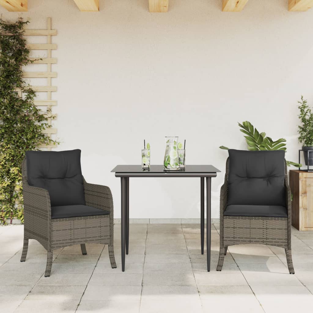 spisebordssæt til haven 3 dele med hynder polyrattan grå