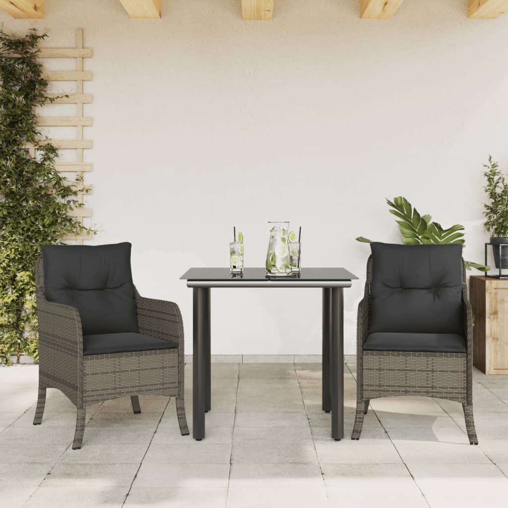 spisebordssæt til haven 3 dele med hynder polyrattan grå