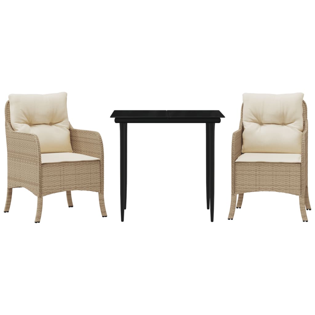 spisebordssæt til haven 3 dele med hynder polyrattan beige