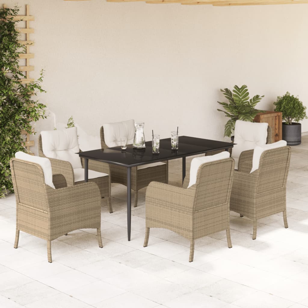 spisebordssæt til haven 7 dele med hynder polyrattan beige