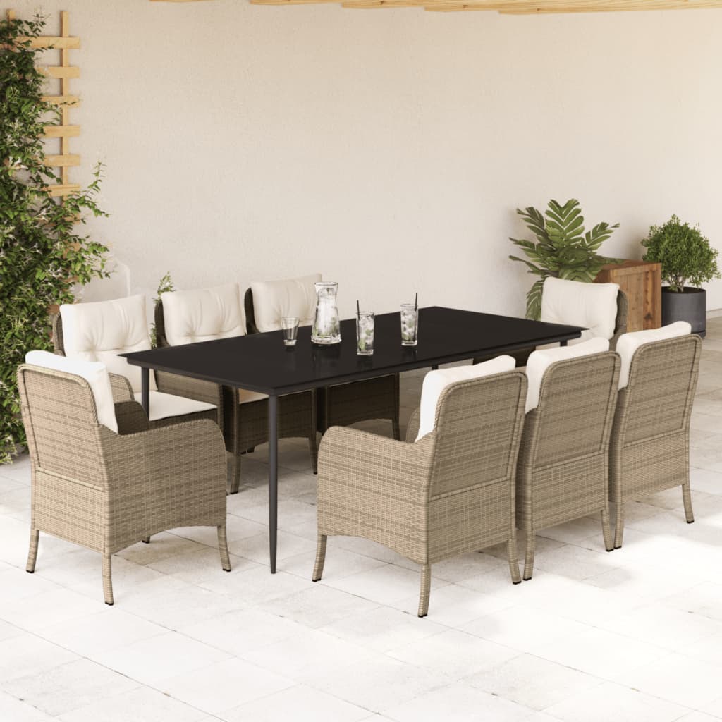 spisebordssæt til haven 9 dele med hynder polyrattan beige