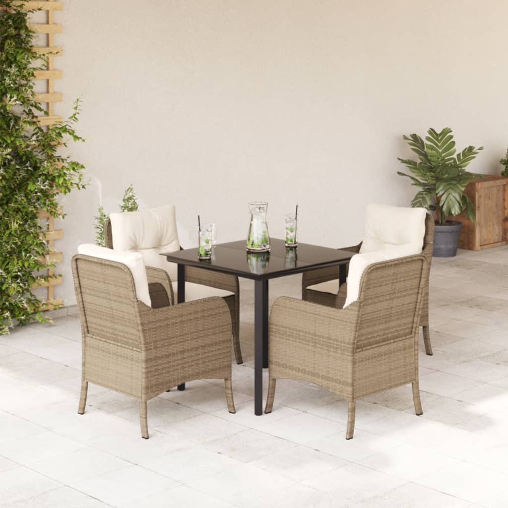 spisebordssæt til haven 5 dele med hynder polyrattan beige
