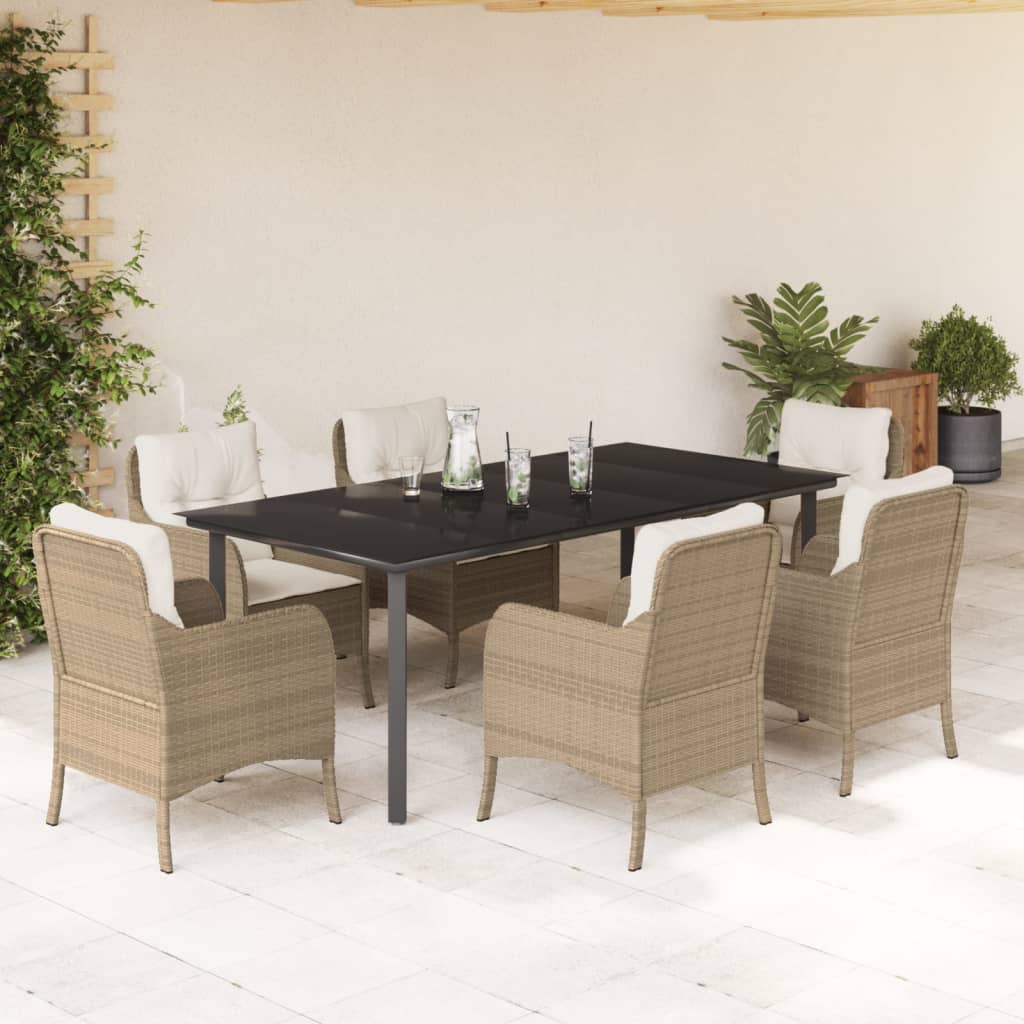 spisebordssæt til haven 7 dele med hynder polyrattan beige