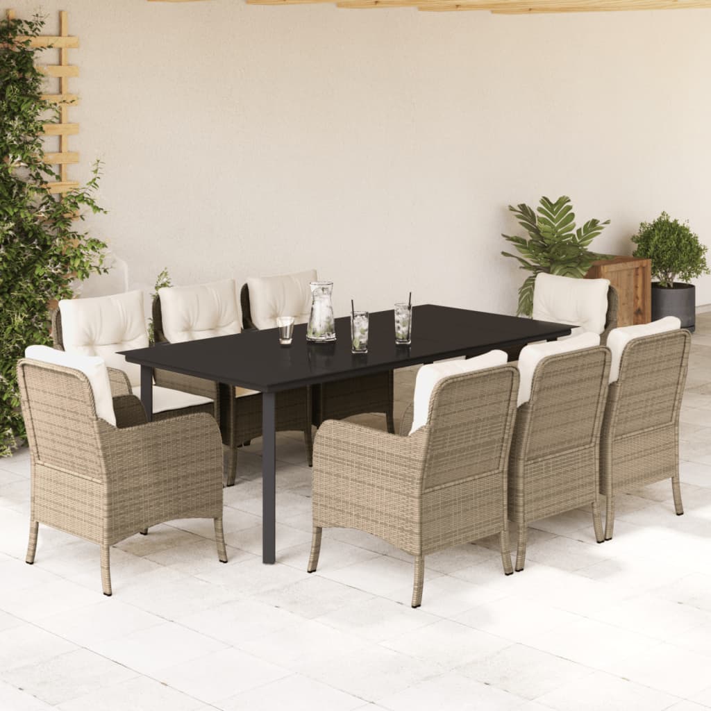 spisebordssæt til haven 9 dele med hynder polyrattan beige