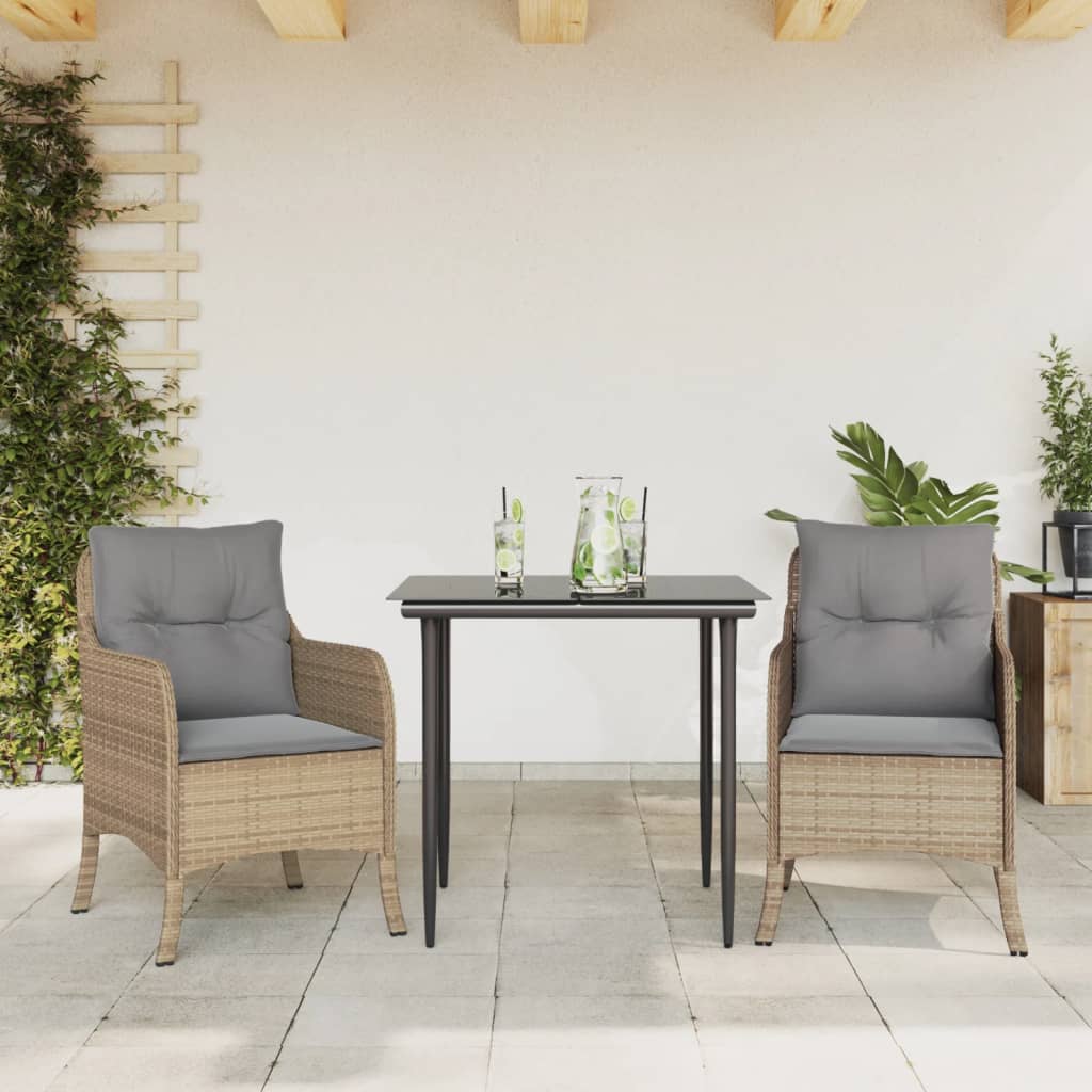 spisebordssæt til haven 3 dele med hynder polyrattan beige