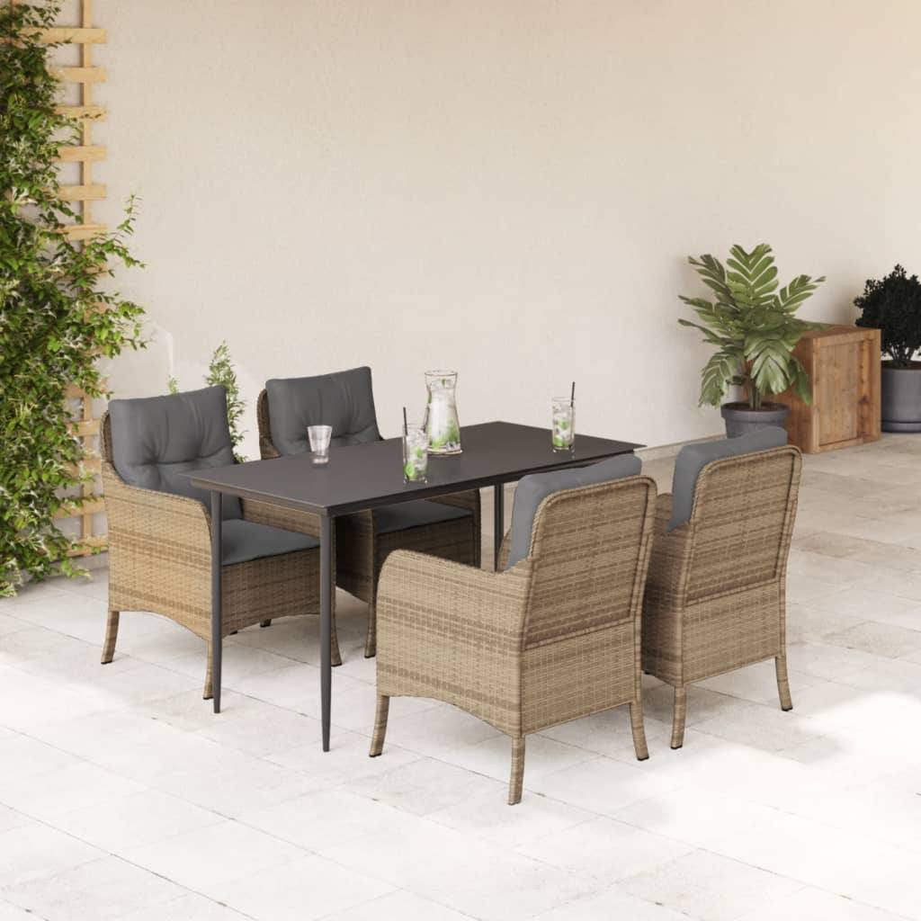 spisebordssæt til haven 5 dele med hynder polyrattan beige
