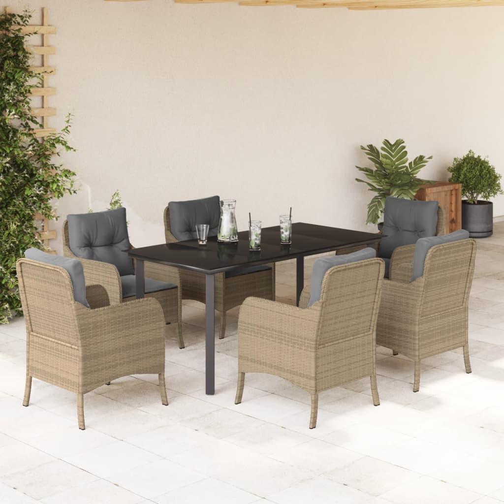 spisebordssæt til haven 7 dele med hynder polyrattan beige