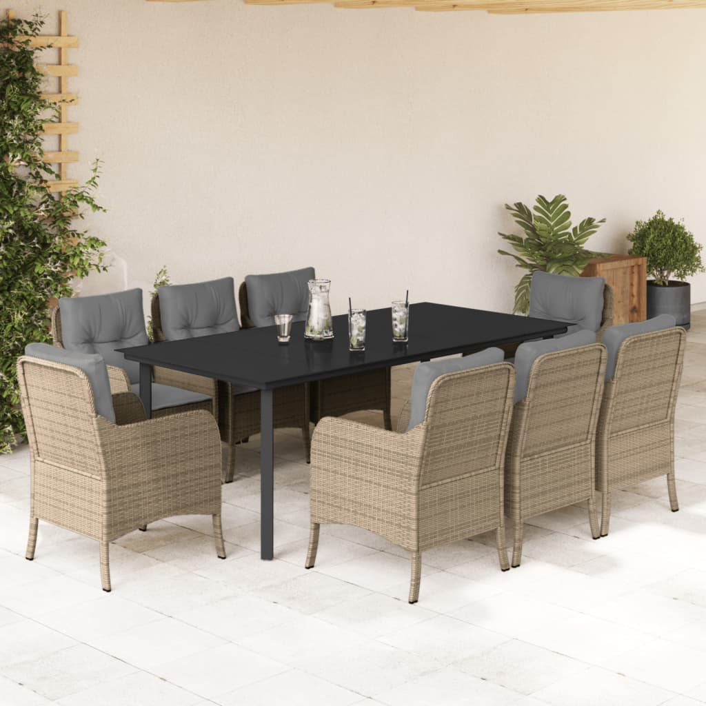 spisebordssæt til haven 9 dele med hynder polyrattan beige
