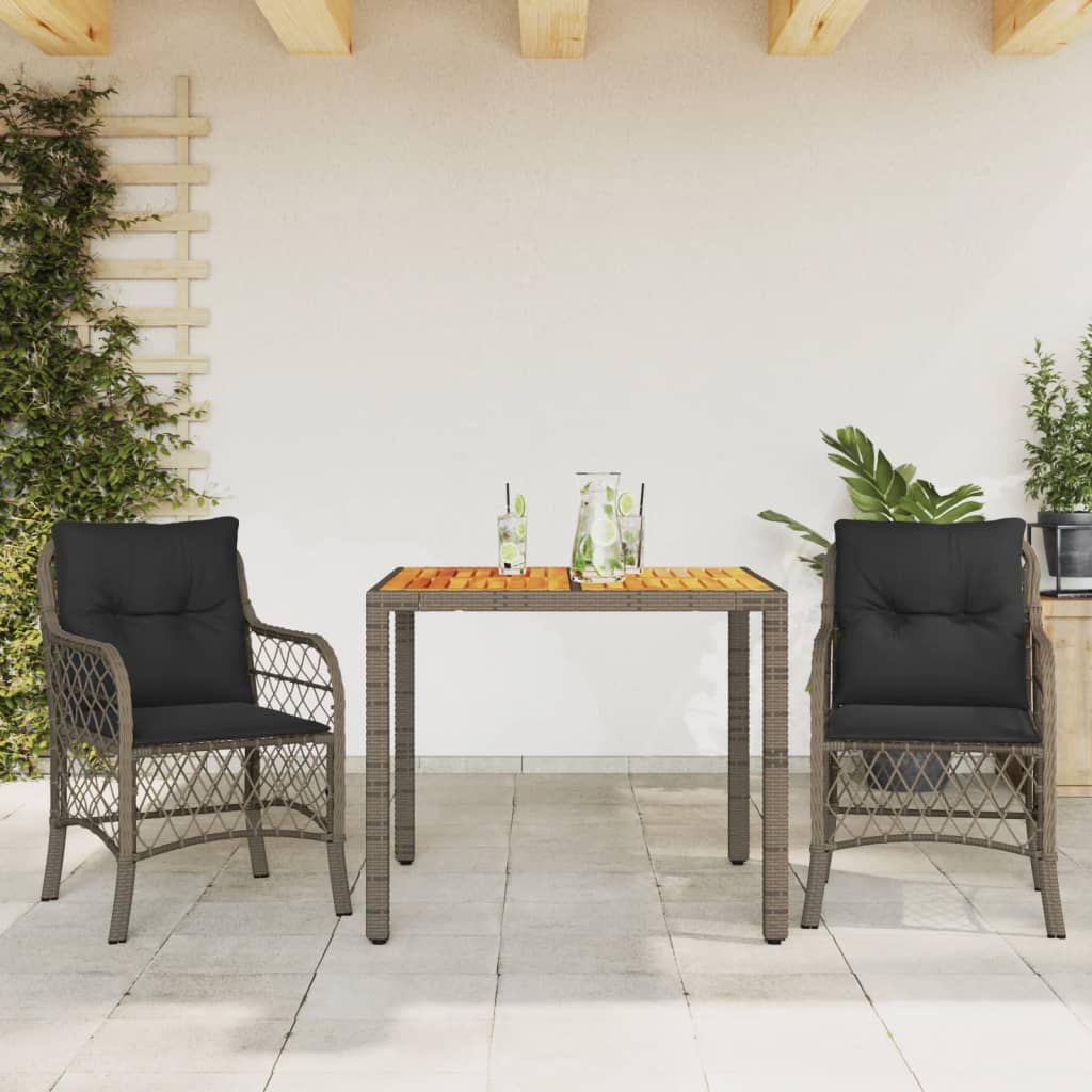 bistrosæt til haven 3 dele med hynder polyrattan grå