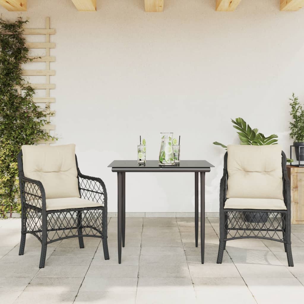 bistrosæt til haven 3 dele med hynder polyrattan sort