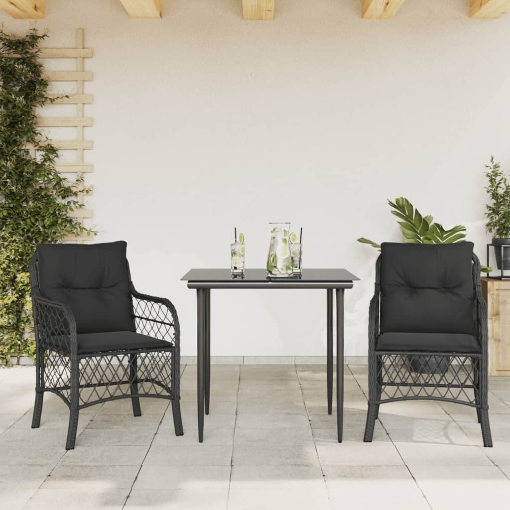 bistrosæt til haven 3 dele med hynder polyrattan sort