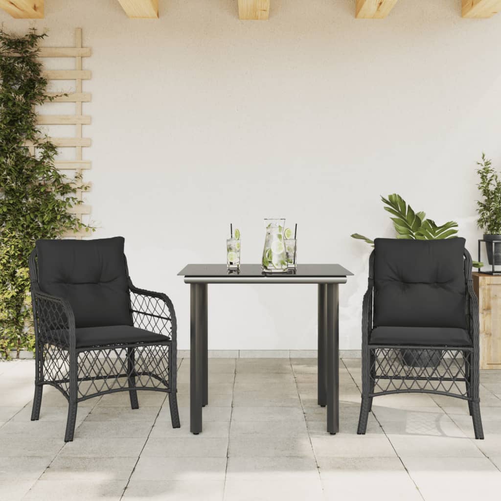 bistrosæt til haven 3 dele med hynder polyrattan sort