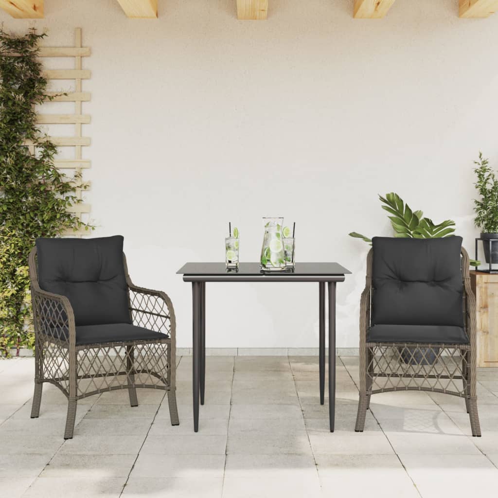 bistrosæt til haven 3 dele med hynder polyrattan grå